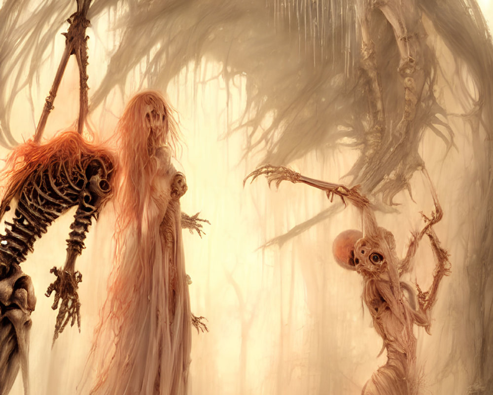 Eerie humanoid creatures with skeletal features in misty forest