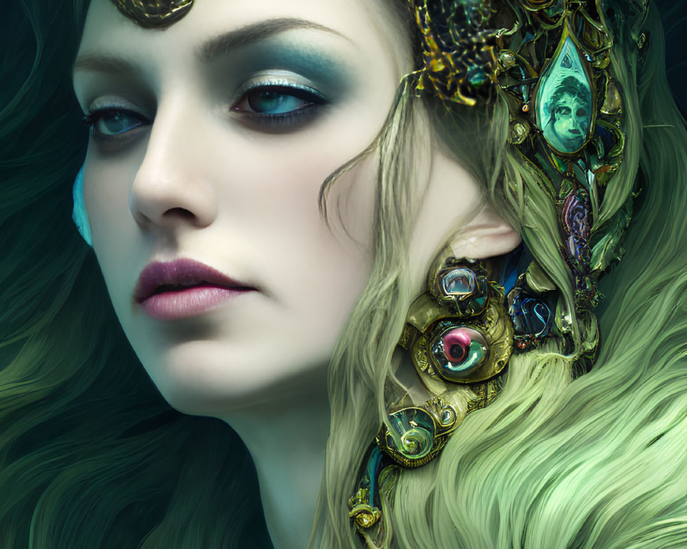 Intricate golden headpiece with jewels and gears on woman next to purple roses on dark teal backdrop