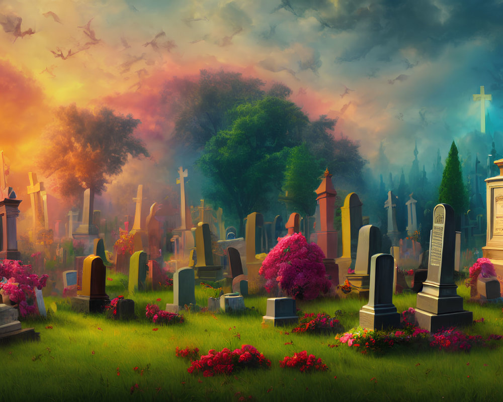 Serene cemetery at dusk with vibrant flowers and gravestones