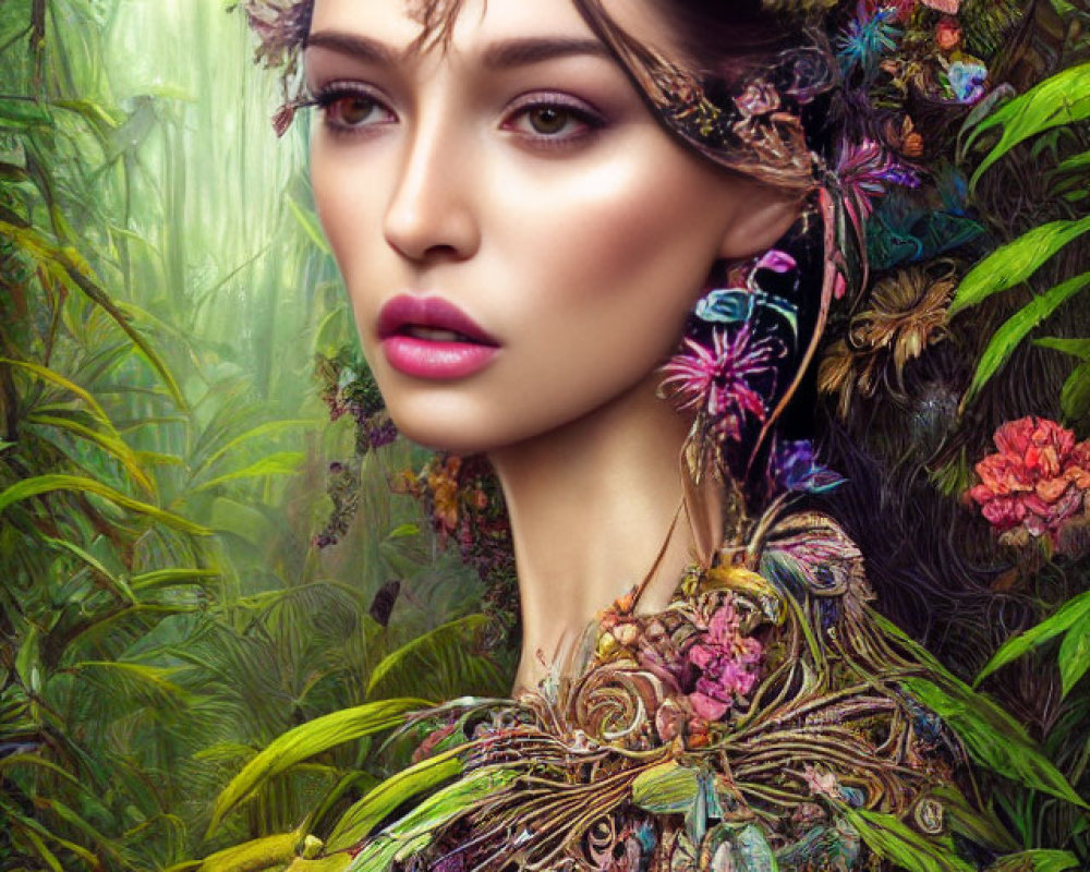 Digital art portrait of woman with floral adornments in mystical forest