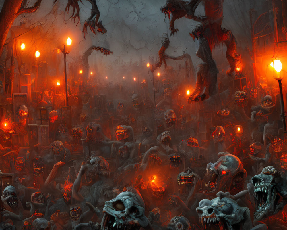 Eerie artwork of ghoulish creatures and malevolent trees under a crimson sky