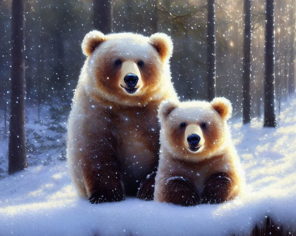 Bears with human-like expressions in snowy forest scene