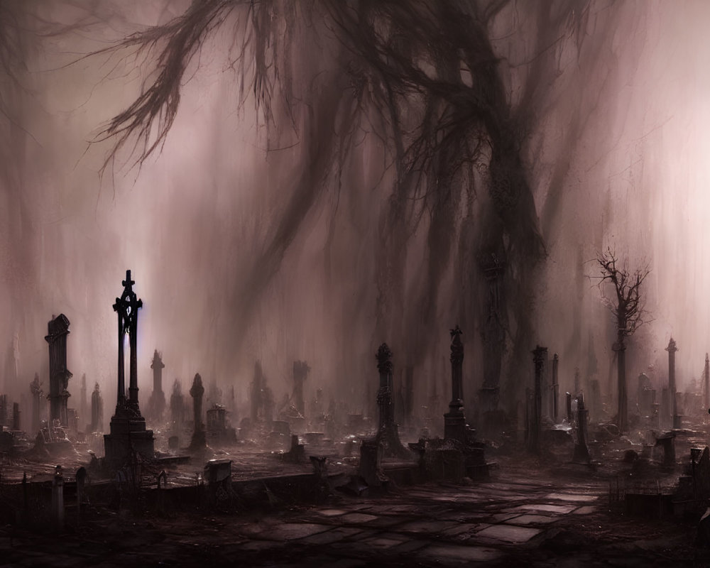 Ethereal fog-shrouded cemetery with silhouetted gravestones and bare trees.