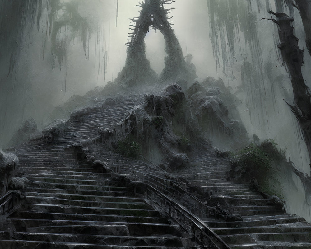 Mystical stone staircase in foggy forest landscape leads to towering structure