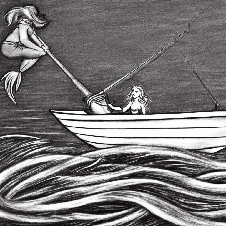 Pencil-drawn image: Two mermaids rowing boat and holding spear in swirling sea