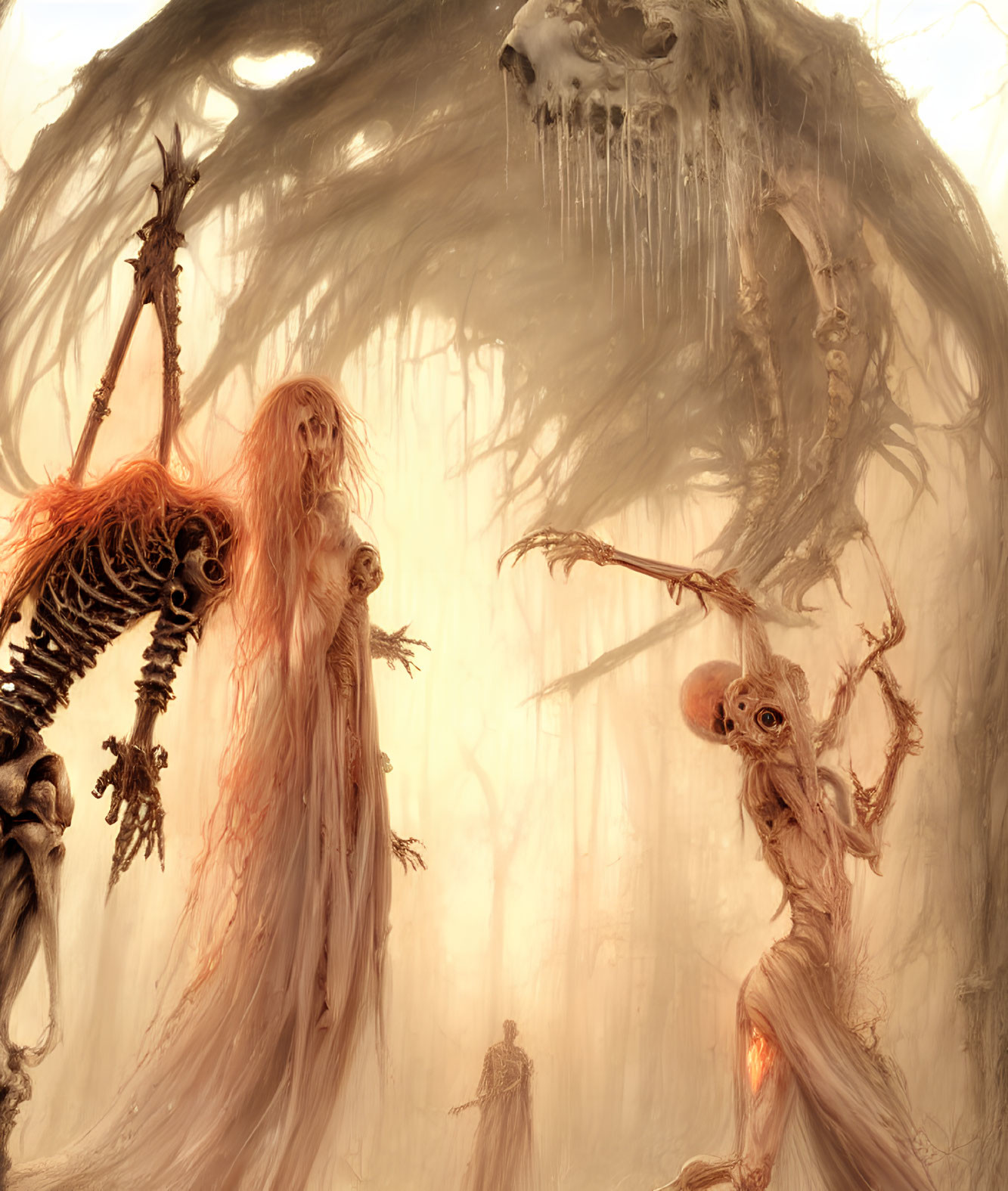 Eerie humanoid creatures with skeletal features in misty forest
