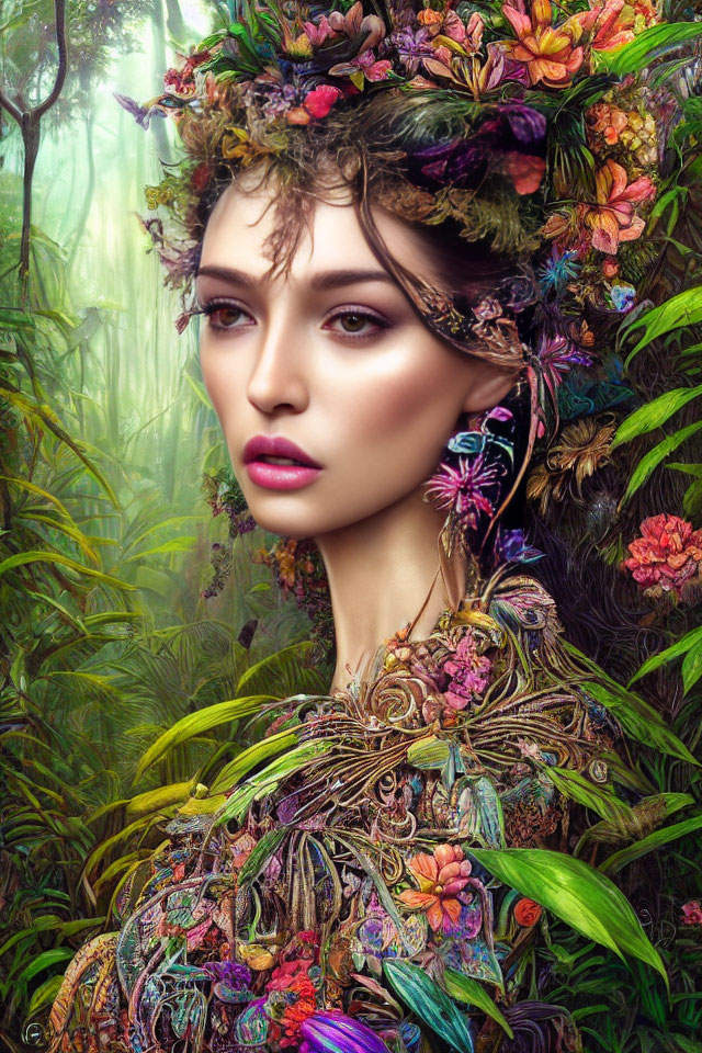 Digital art portrait of woman with floral adornments in mystical forest