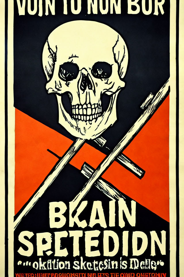 Vintage Skull and Crossbones Poster Design in Black, White, and Orange Tones