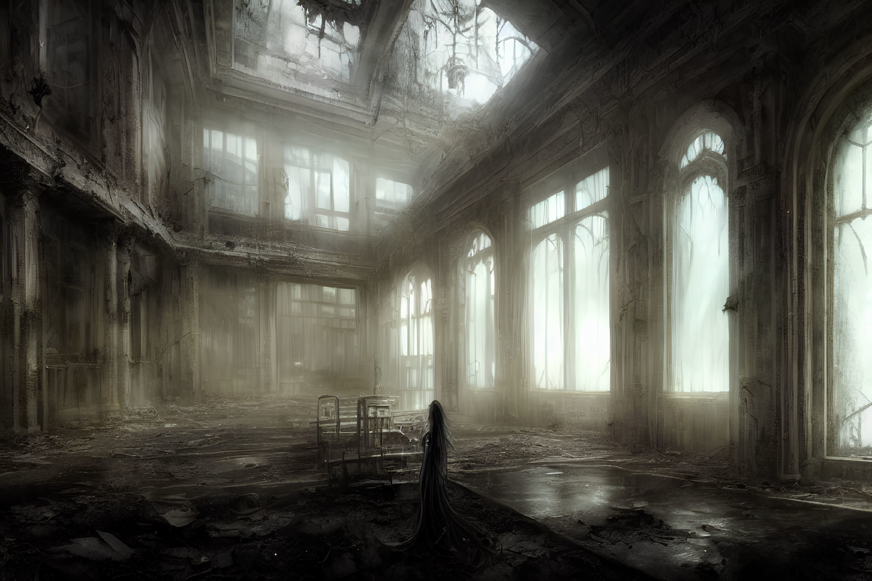 Grayscale image: Dilapidated grand hall with lone figure in dark cloak