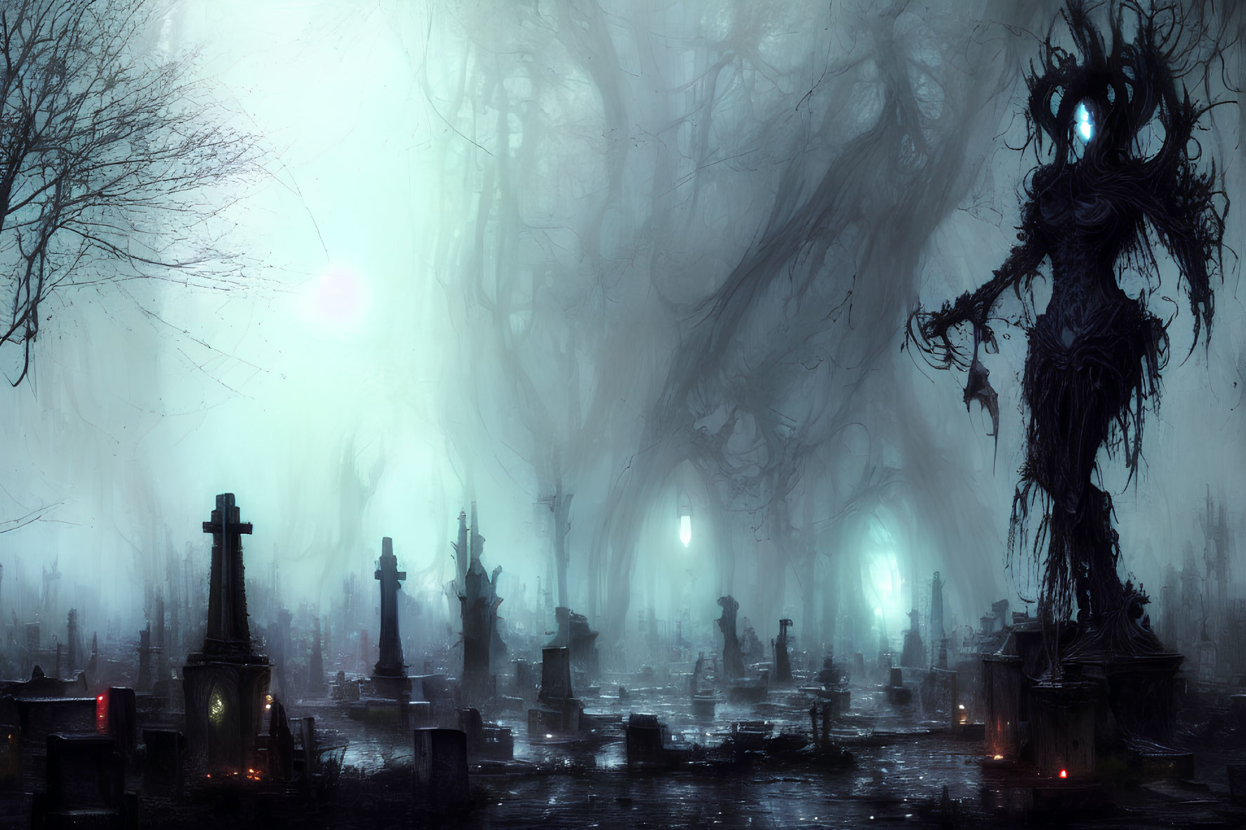 Spooky graveyard scene with mist, twisted trees, and spectral figure