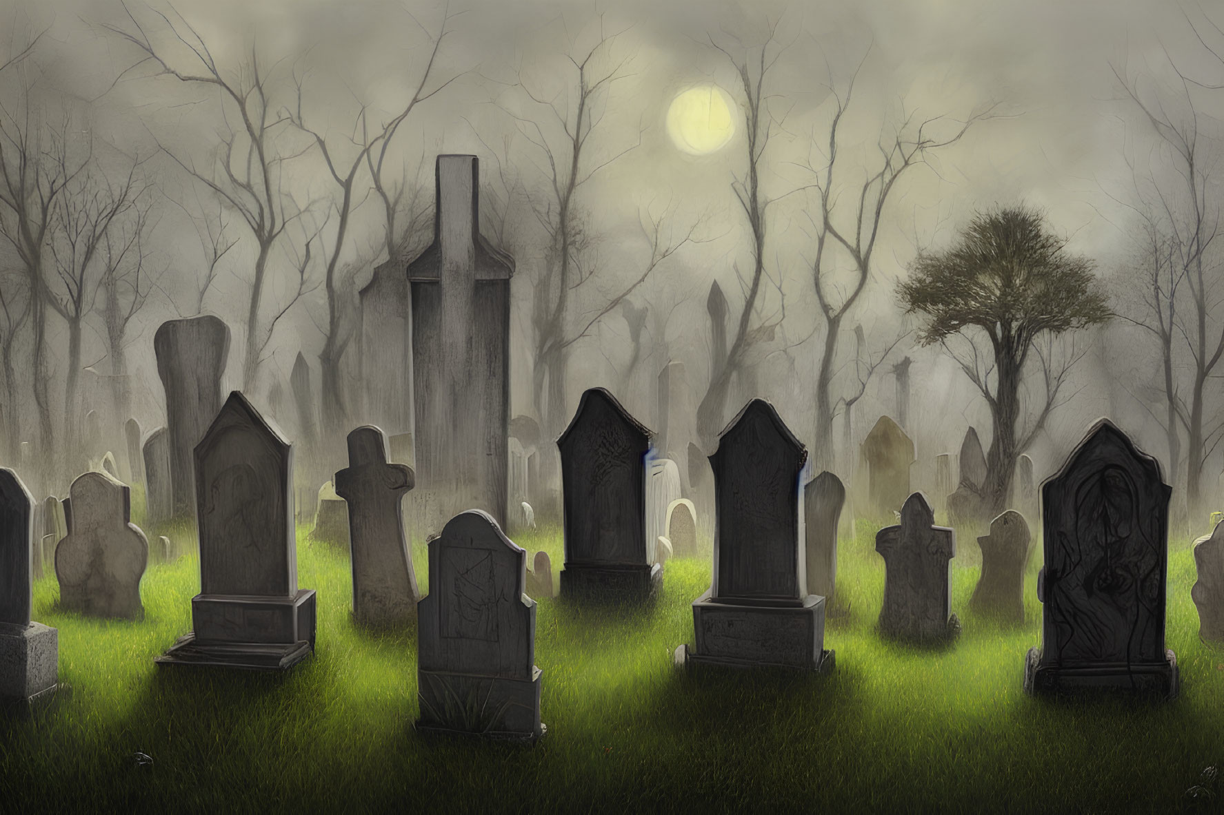Moonlit graveyard with fog, tombstones, and bare trees