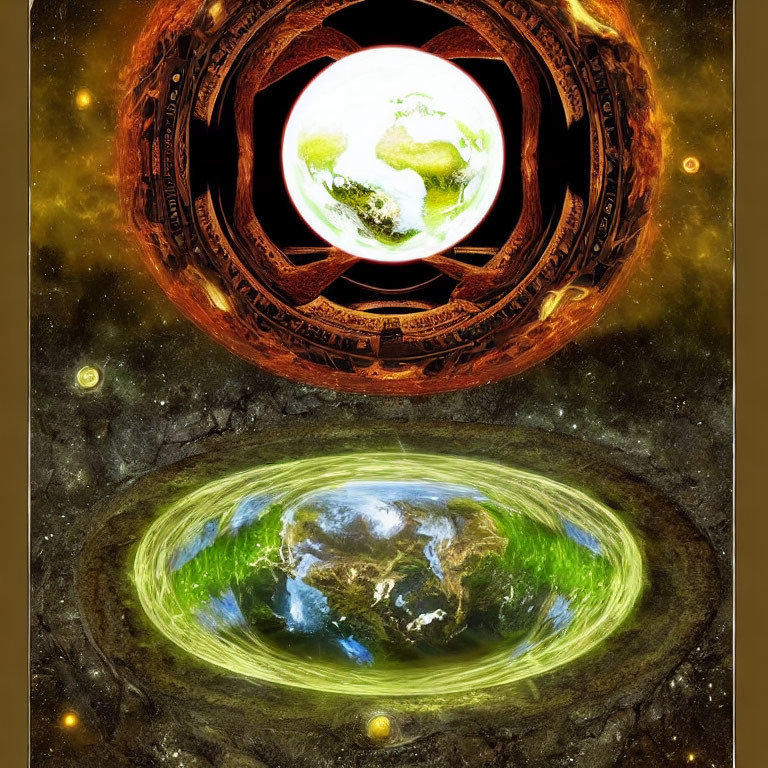 Surreal digital artwork of two Earth-like planets in circular frames