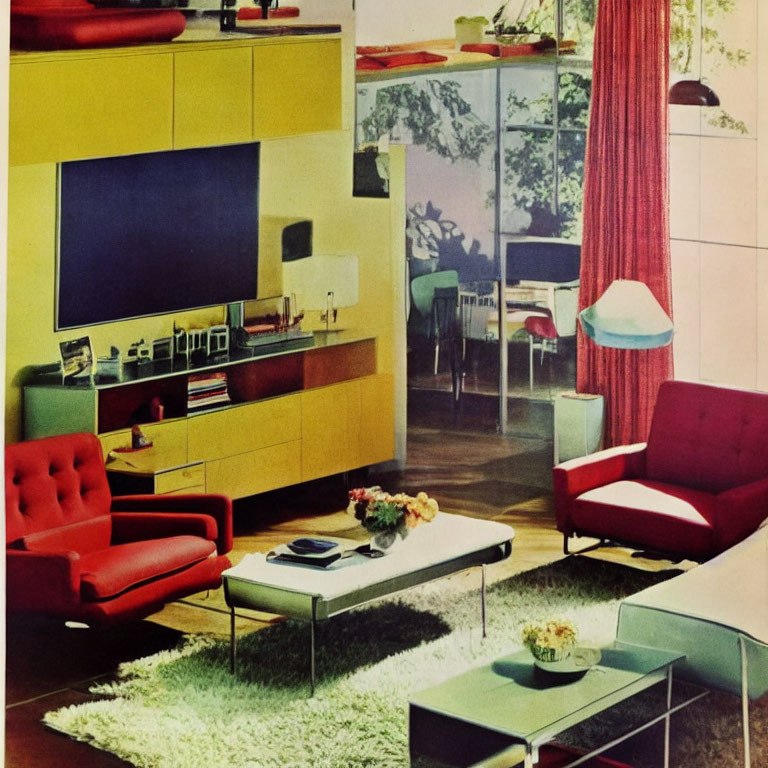 Colorful Retro Living Room with Yellow Cabinets and Red Armchair