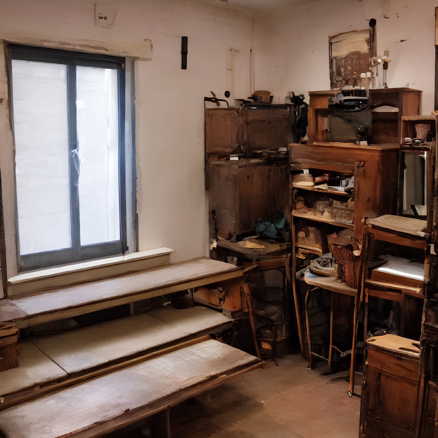 Vintage Workshop with Wooden Benches, Tools, and Machinery by Sunlit Window