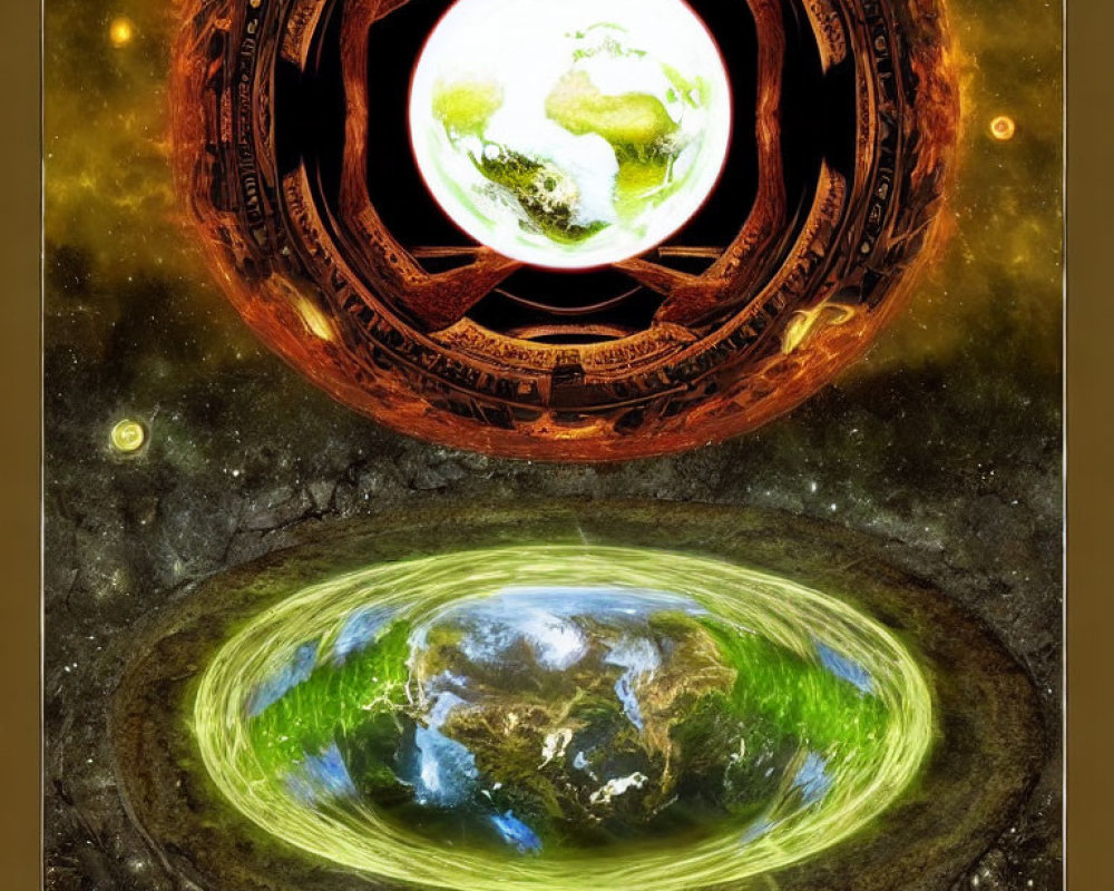 Surreal digital artwork of two Earth-like planets in circular frames