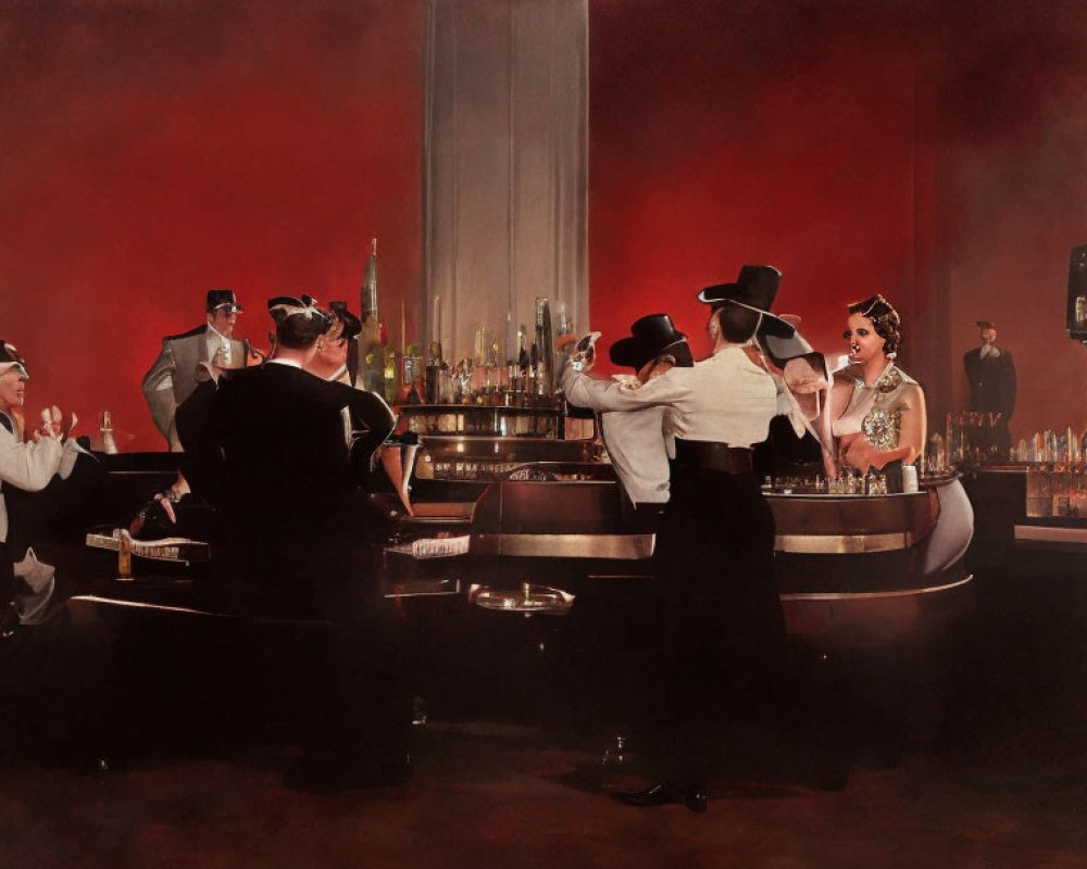 Classic Bar Scene with Formal Attire, Bartenders, Red Lighting & Art Deco Design