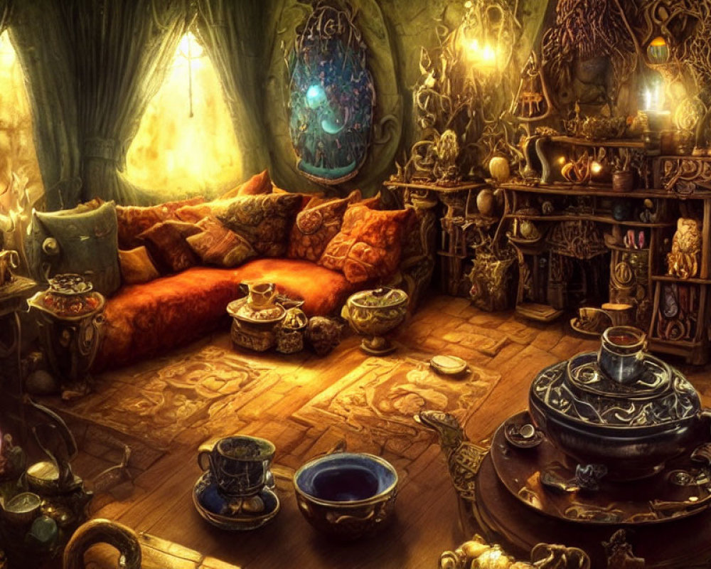 Mystical room with candles, plush sofa, magical artifacts, and ornate tea set