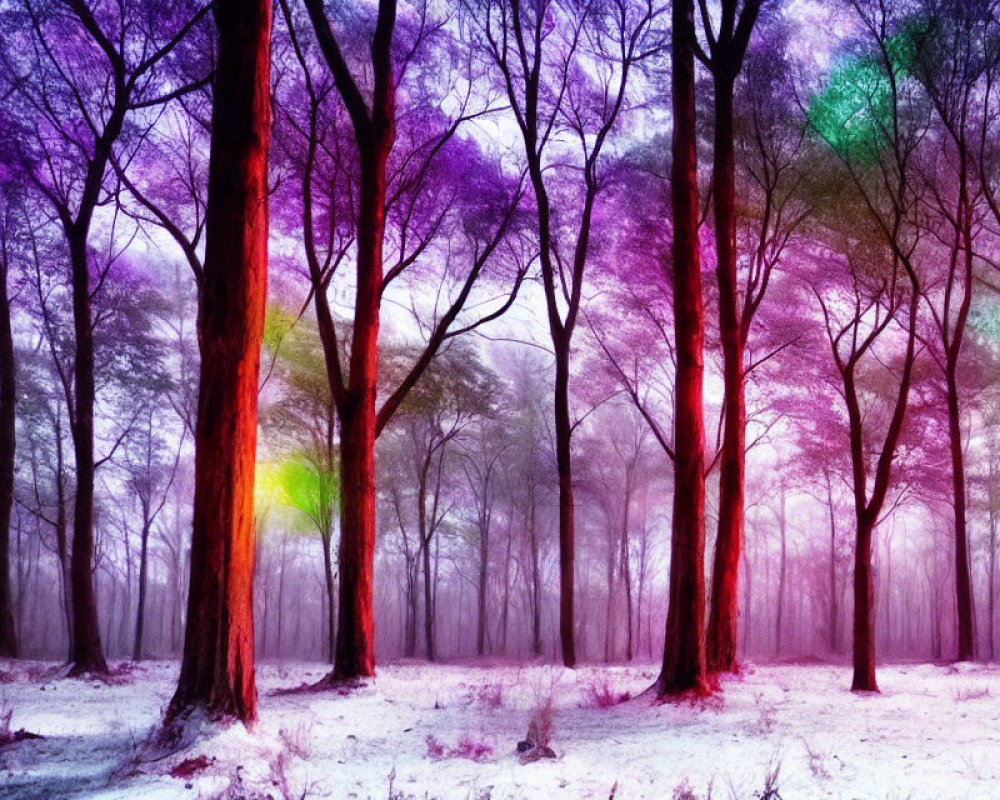 Colorful Forest with Purple and Pink Canopy, Snow-covered Ground