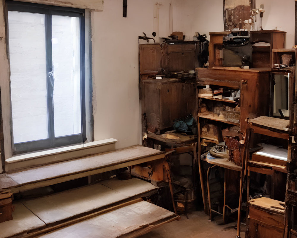 Vintage Workshop with Wooden Benches, Tools, and Machinery by Sunlit Window