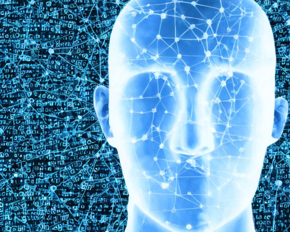 Digital human head with network pattern on binary code background in shades of blue