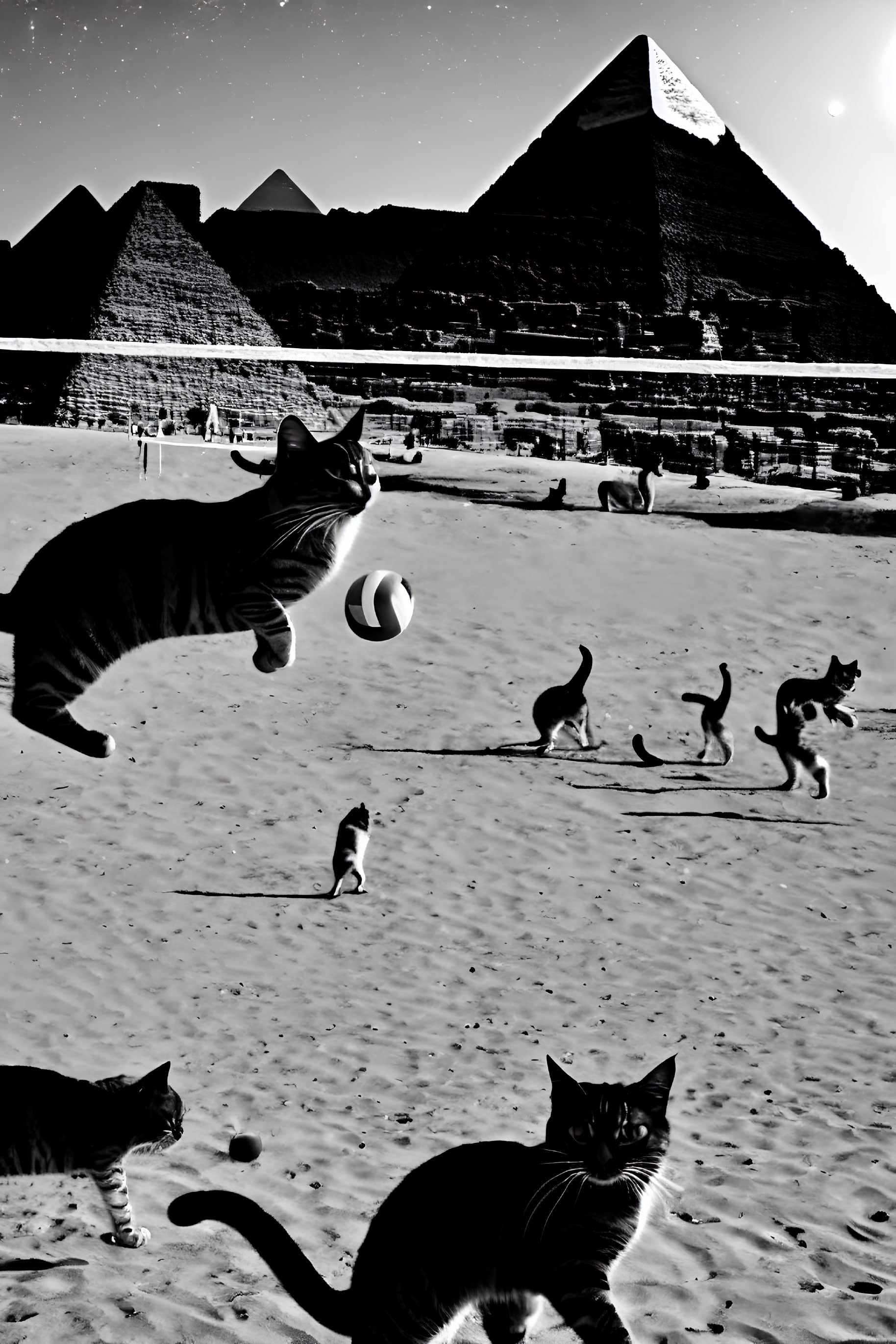 Whimsical black and white photo: Cats playing at Giza pyramid.