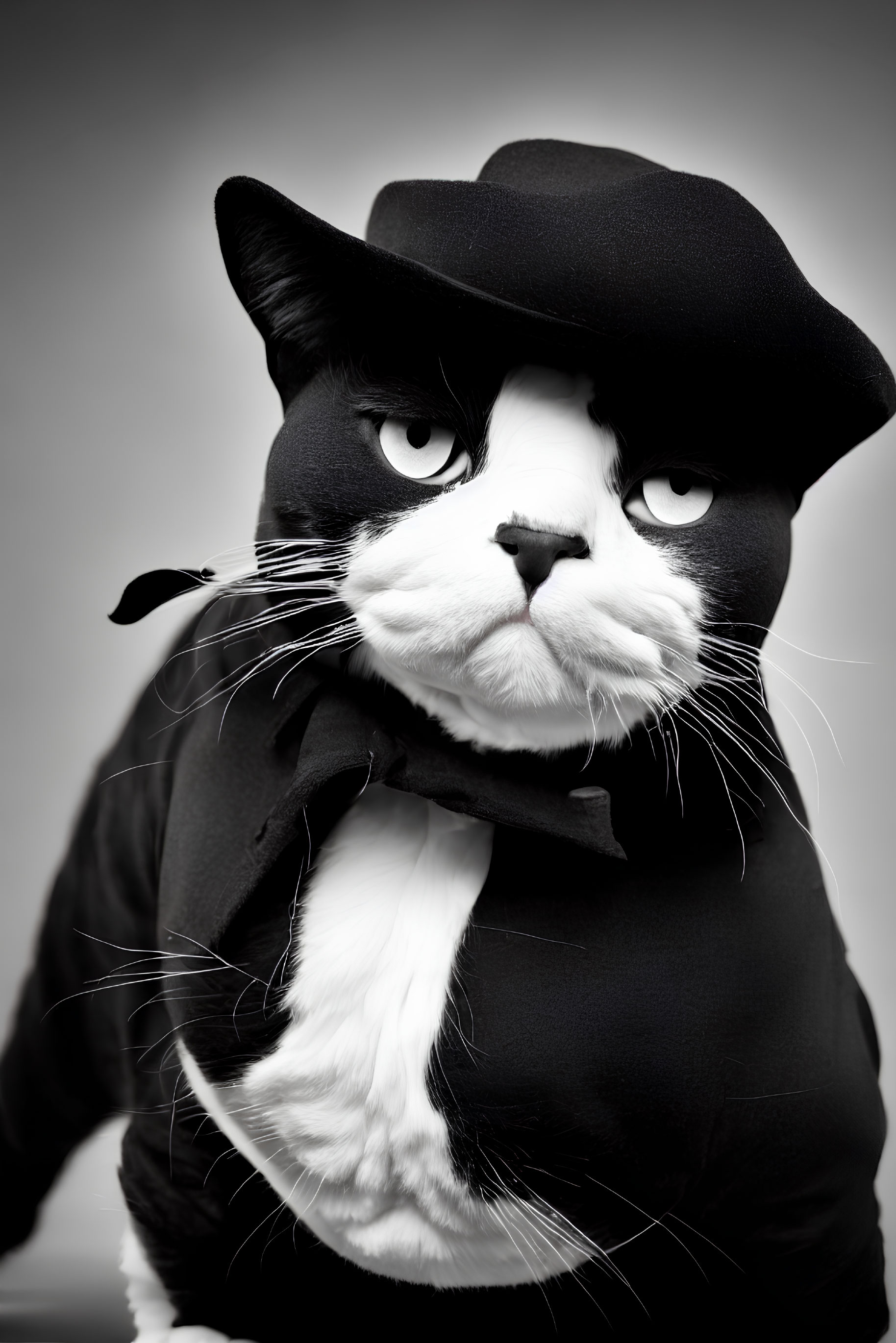 Serious black and white cat in French artist attire