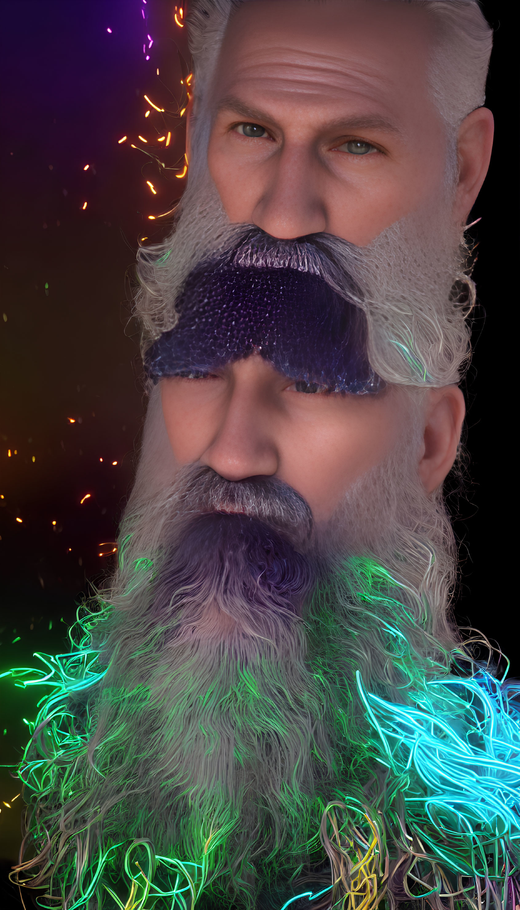 Elderly man with long white beard and colorful lights in deep-set eyes on dark background