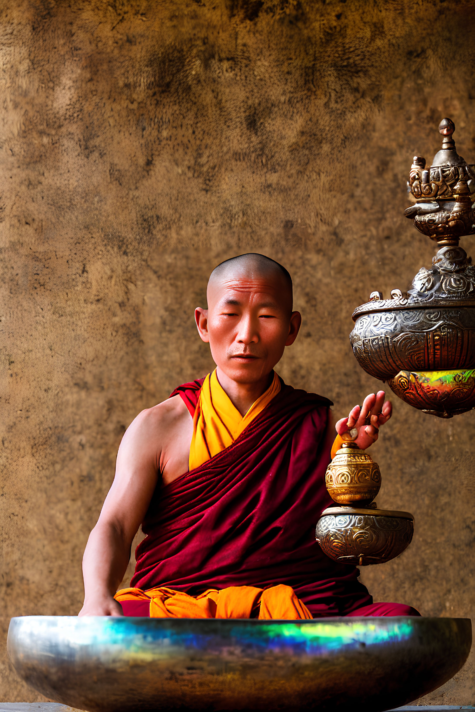 Buddhist monk meditating next to metal incense burner
