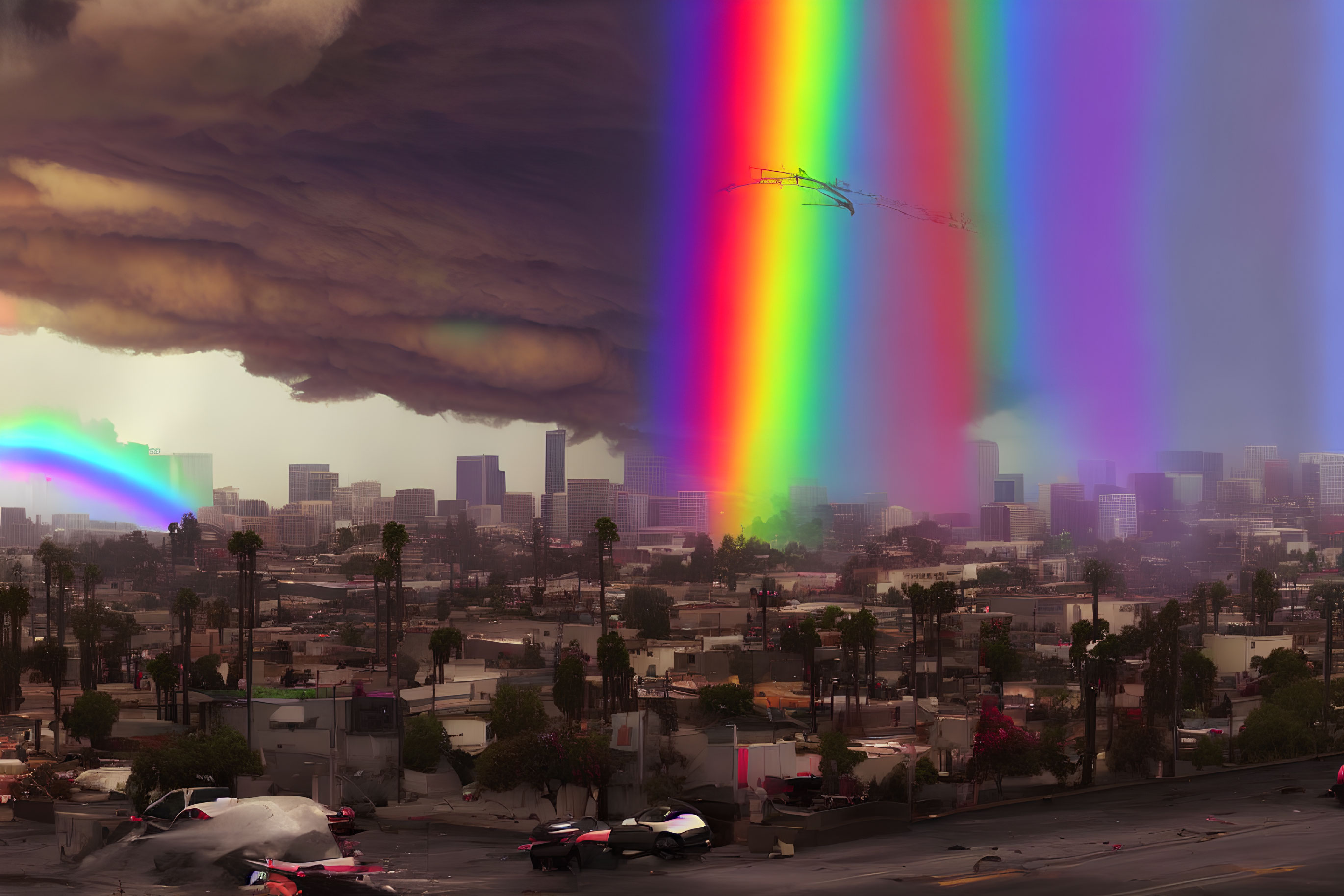 City skyline engulfed in brown cloud with vibrant rainbows amidst chaos