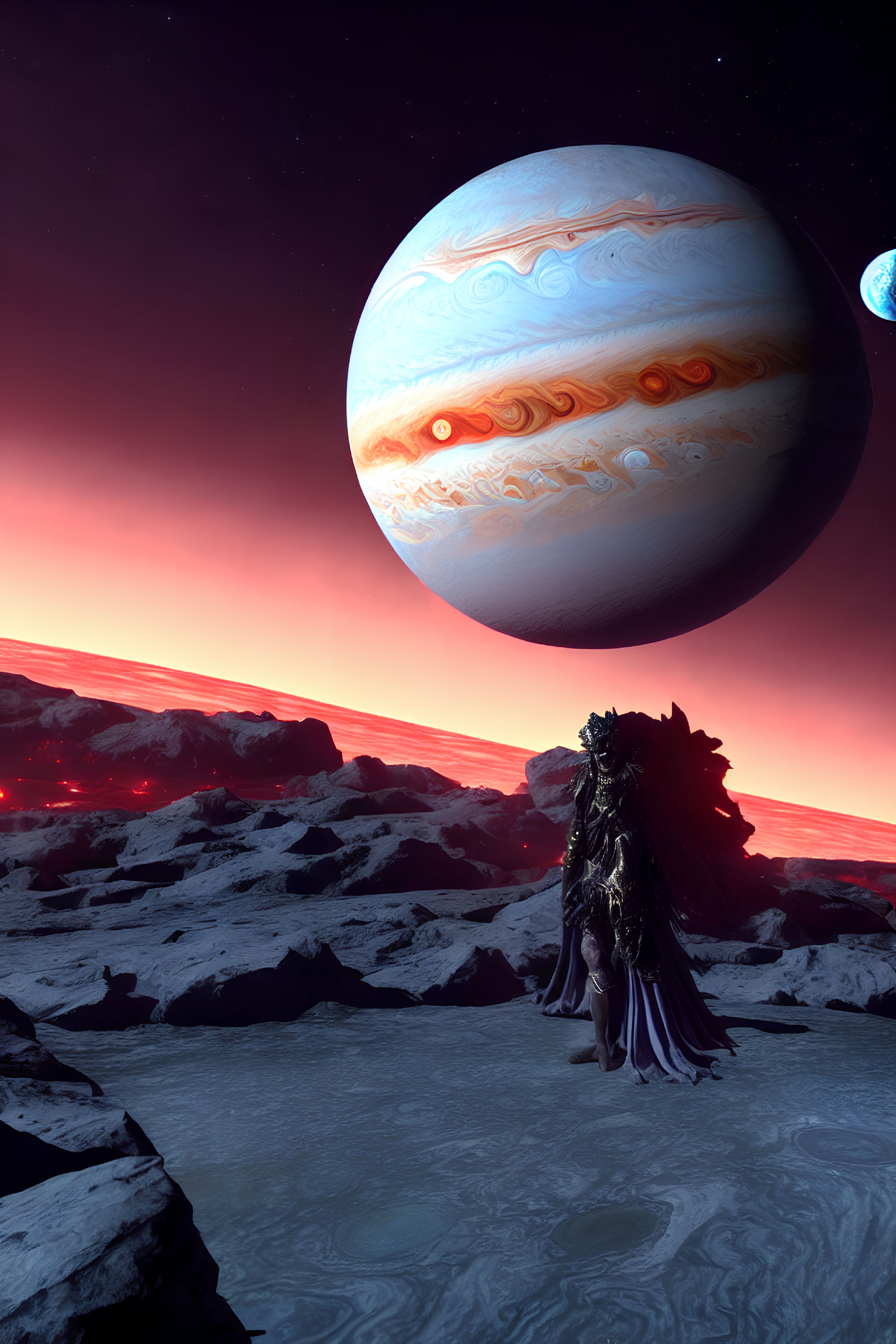 Cloaked figure on rocky alien landscape under giant Jupiter-like planet