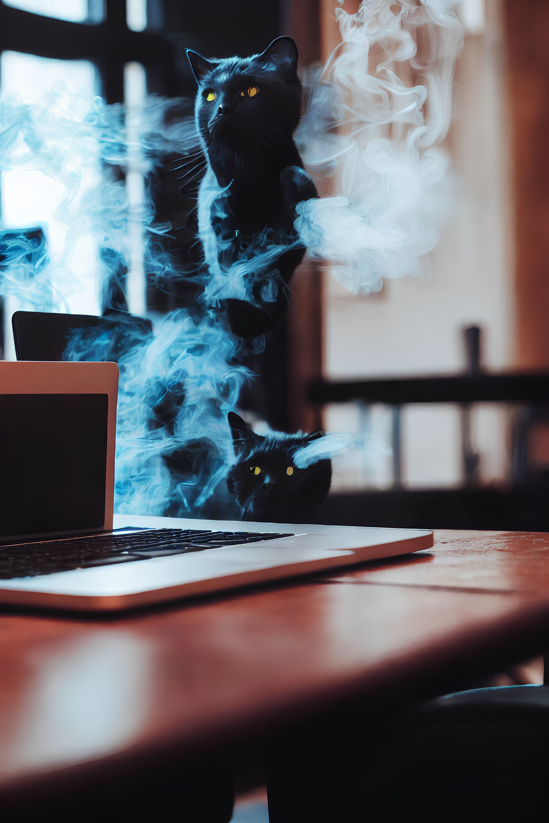 Mystical black cats in blue smoke next to laptop on wood table