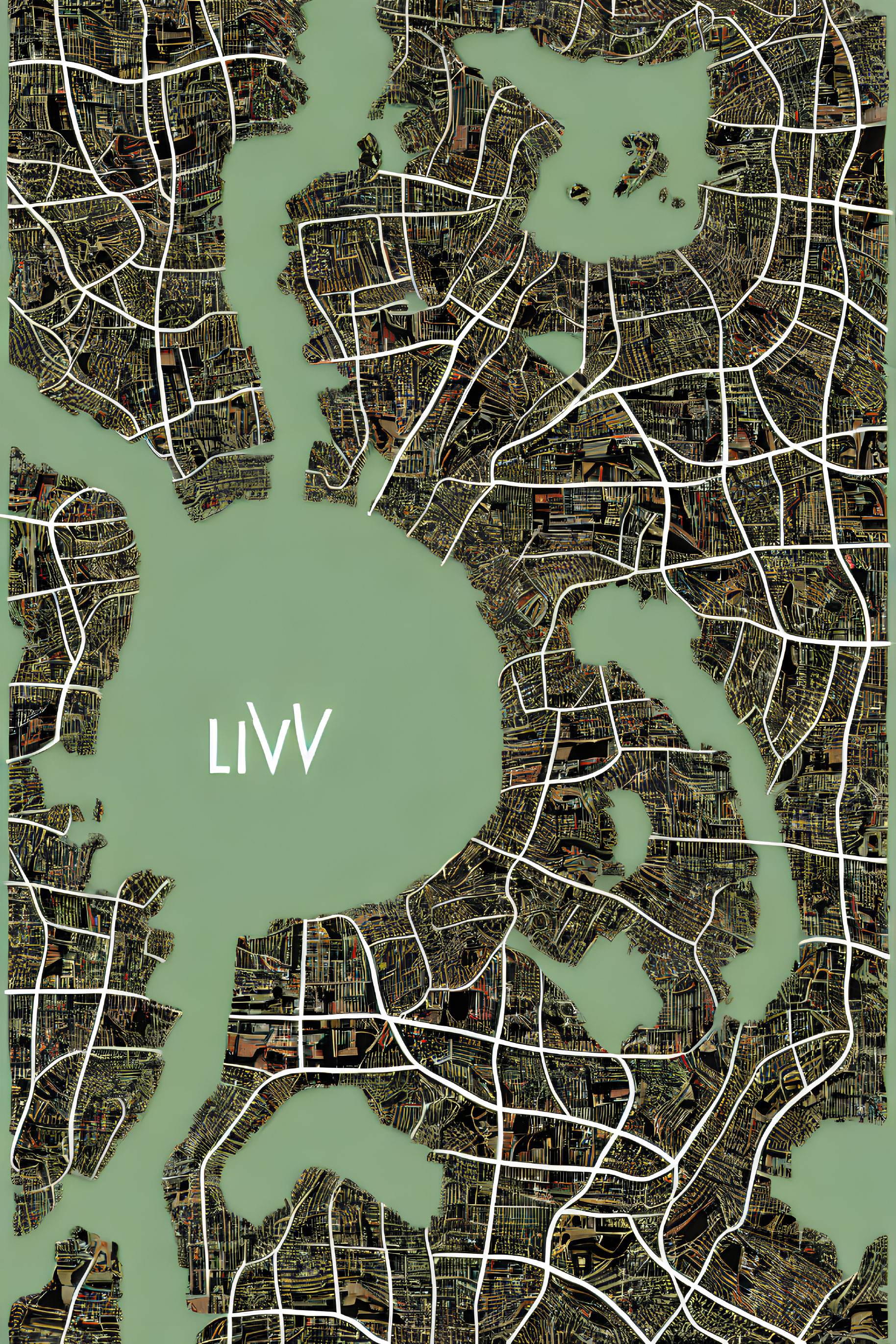 Stylized map with street grid pattern and landmasses, featuring "LIVV" in