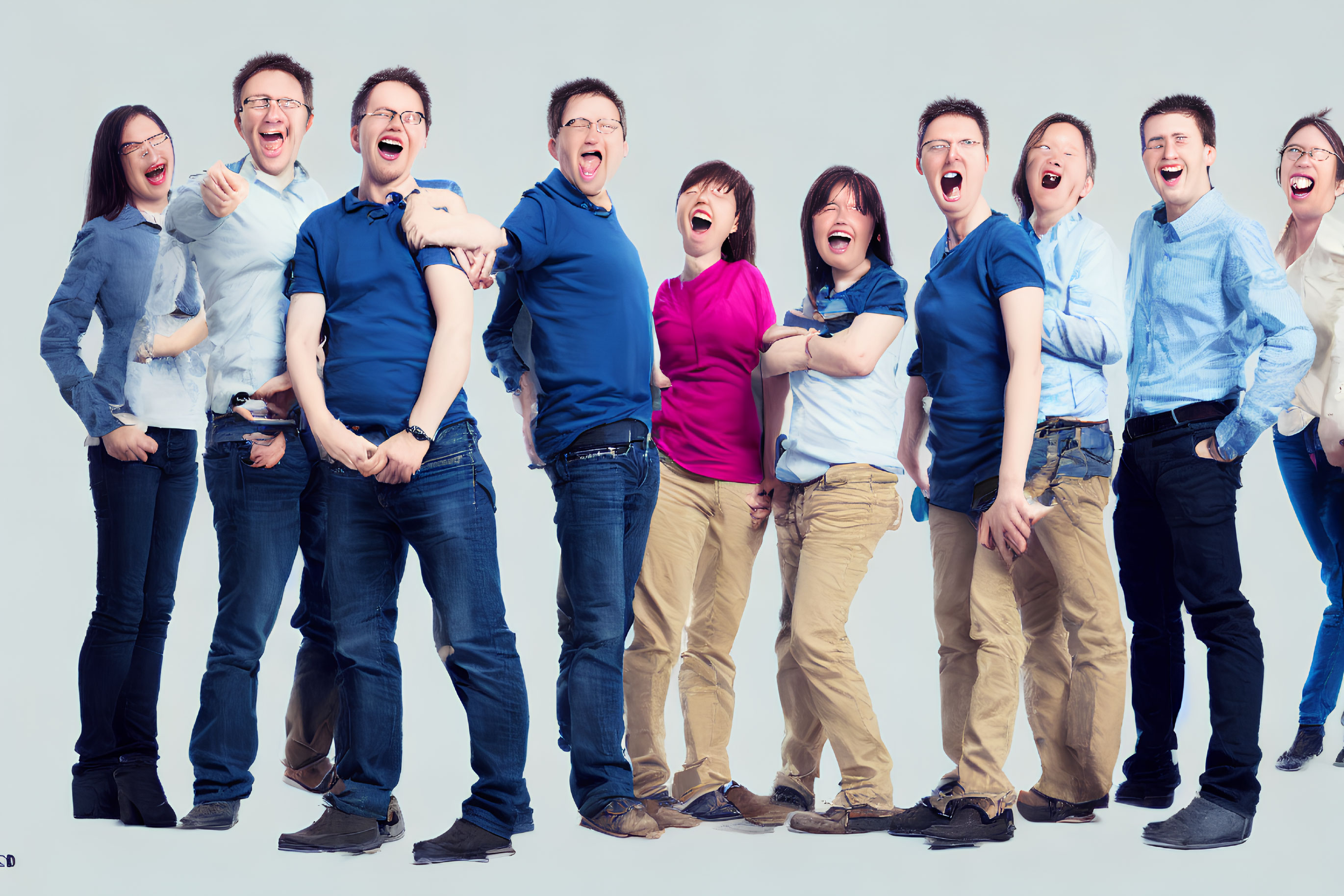 Group of people in casual attire laughing against light blue background