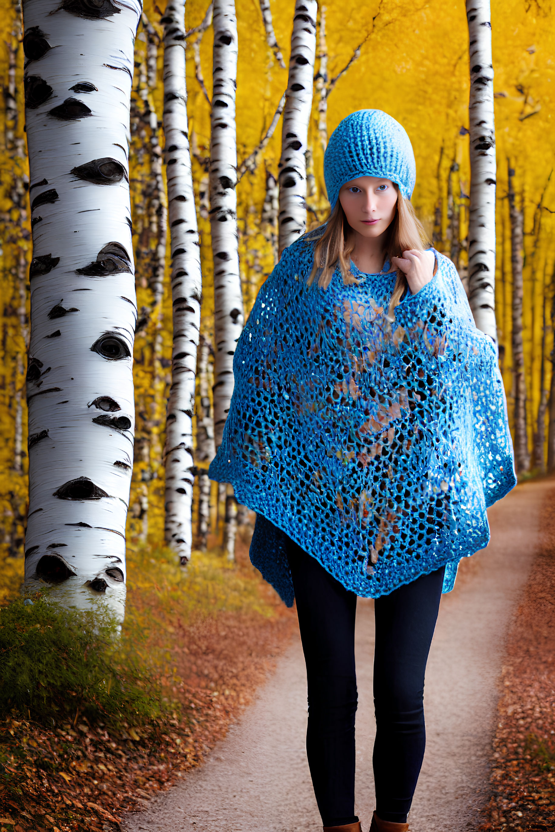 Woman in Blue Knitted Hat and Shawl on Forest Path with Autumn Leaves