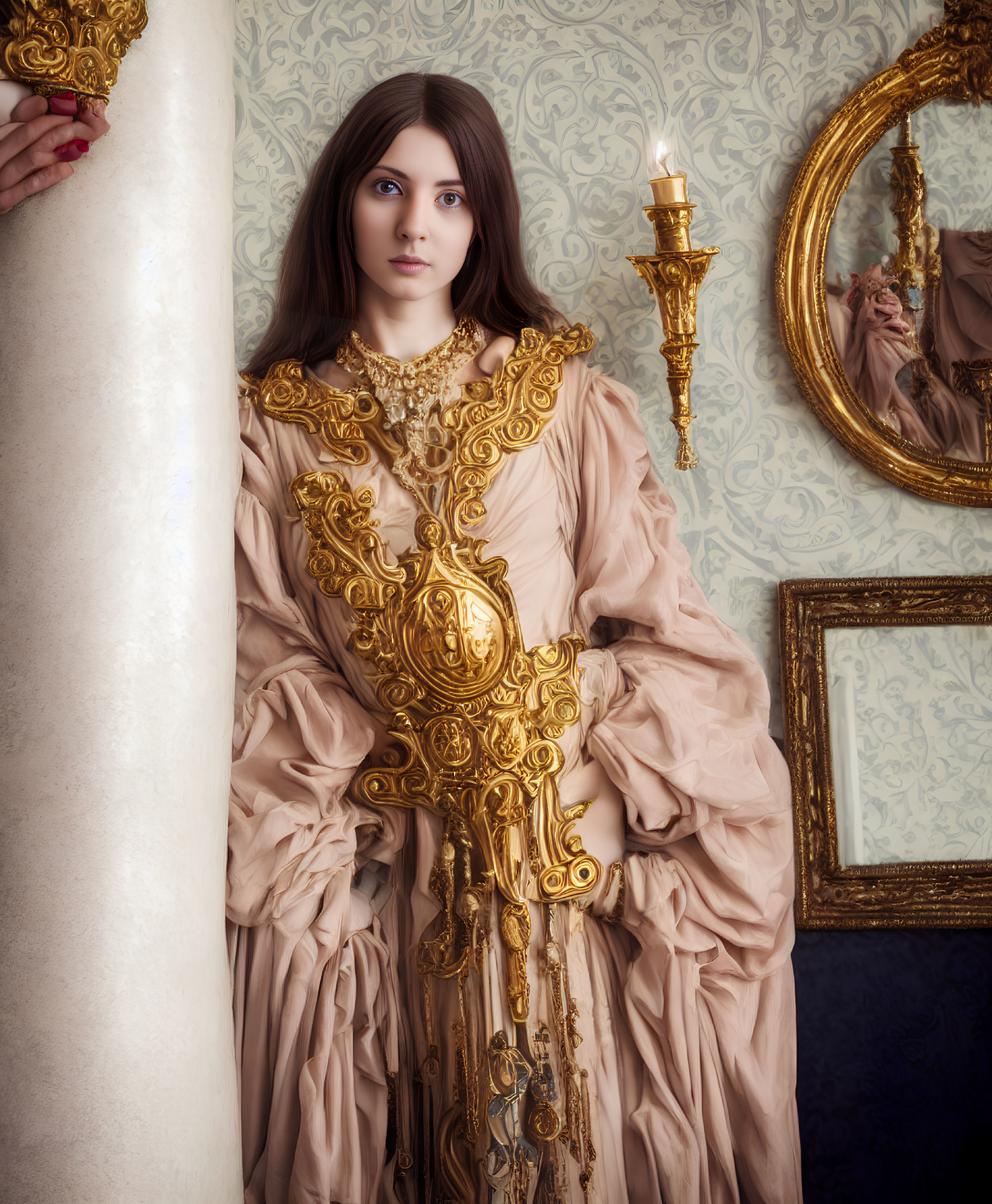 Elaborate historical dress with golden trim beside antique frames and pillar