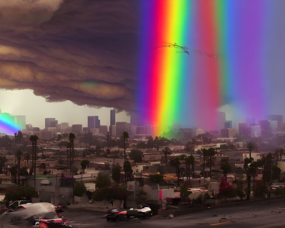 City skyline engulfed in brown cloud with vibrant rainbows amidst chaos