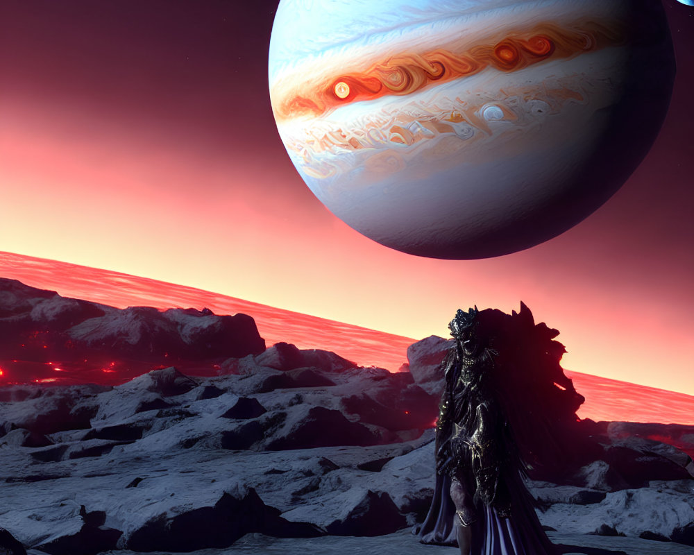 Cloaked figure on rocky alien landscape under giant Jupiter-like planet