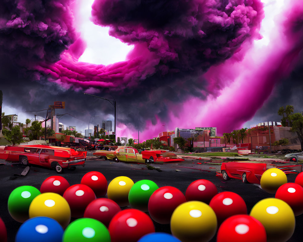 Apocalyptic urban landscape with swirling purple clouds and vintage cars