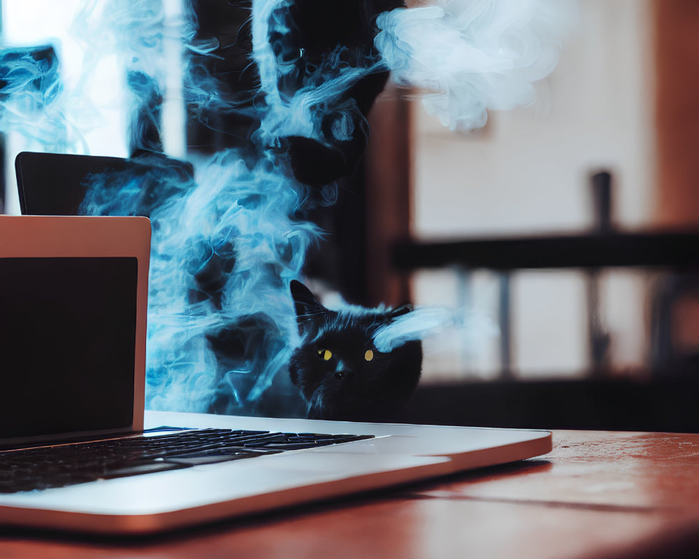 Mystical black cats in blue smoke next to laptop on wood table