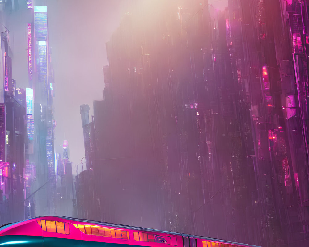 Futuristic maglev train in neon-lit cityscape during heavy rainfall