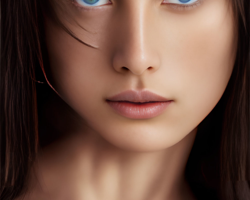 Striking blue eyes and long brown hair portrait.