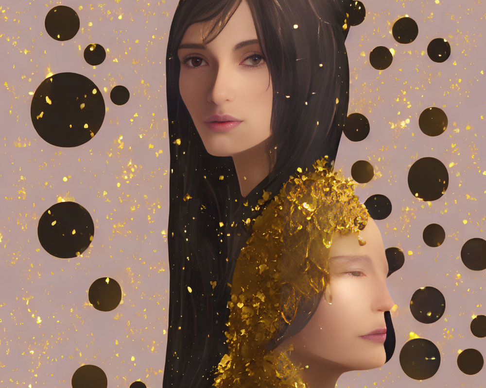 Stylized digital artwork featuring two female figures with intricate hair and golden accents on a dotted background