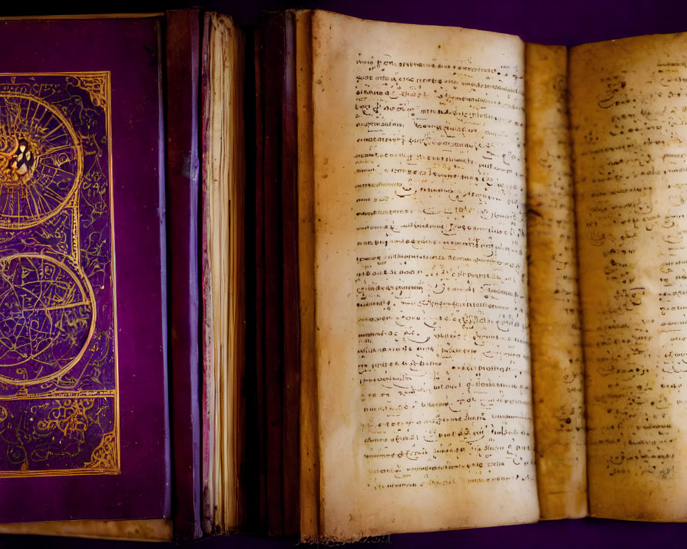 Elaborate Golden Designs on Ancient Manuscript Against Purple Background