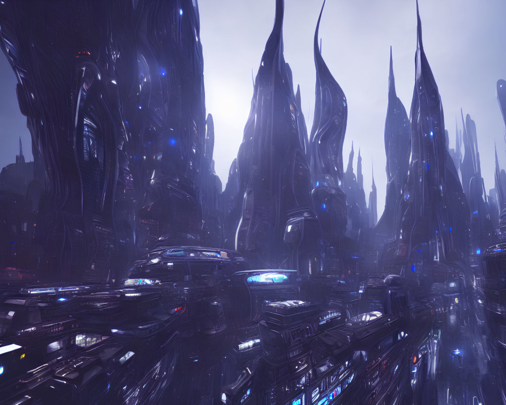 Futuristic cityscape with towering dark structures, blue lights, and flying vehicles