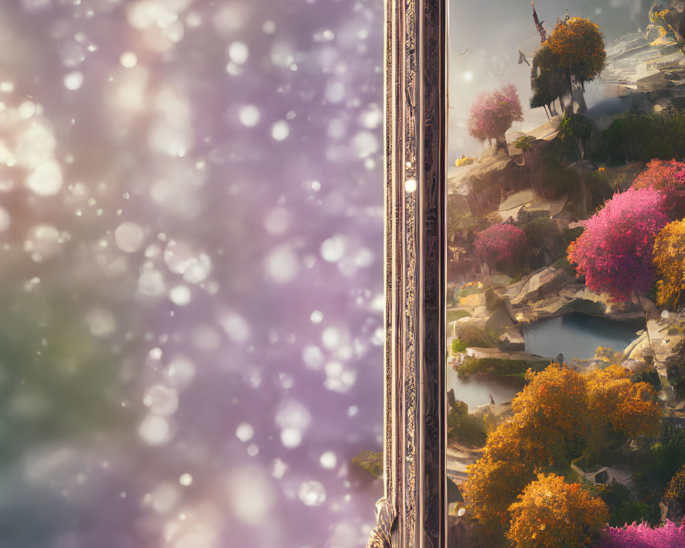 Vibrant trees and windmill reflected in ornate mirror on bokeh background