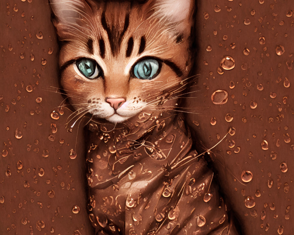 Brown Tabby Cat with Striking Blue Eyes Peeking Out from Wet Surface