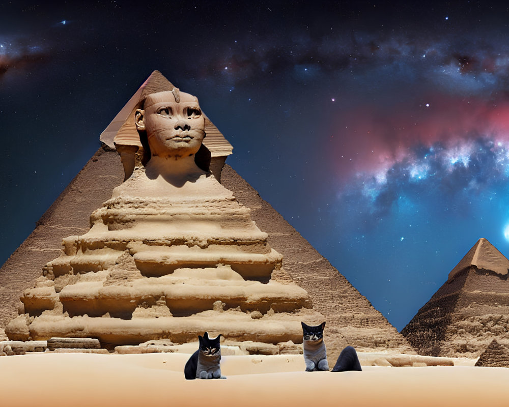 Great Sphinx and Pyramid in Giza with Cats Under Starry Night Sky