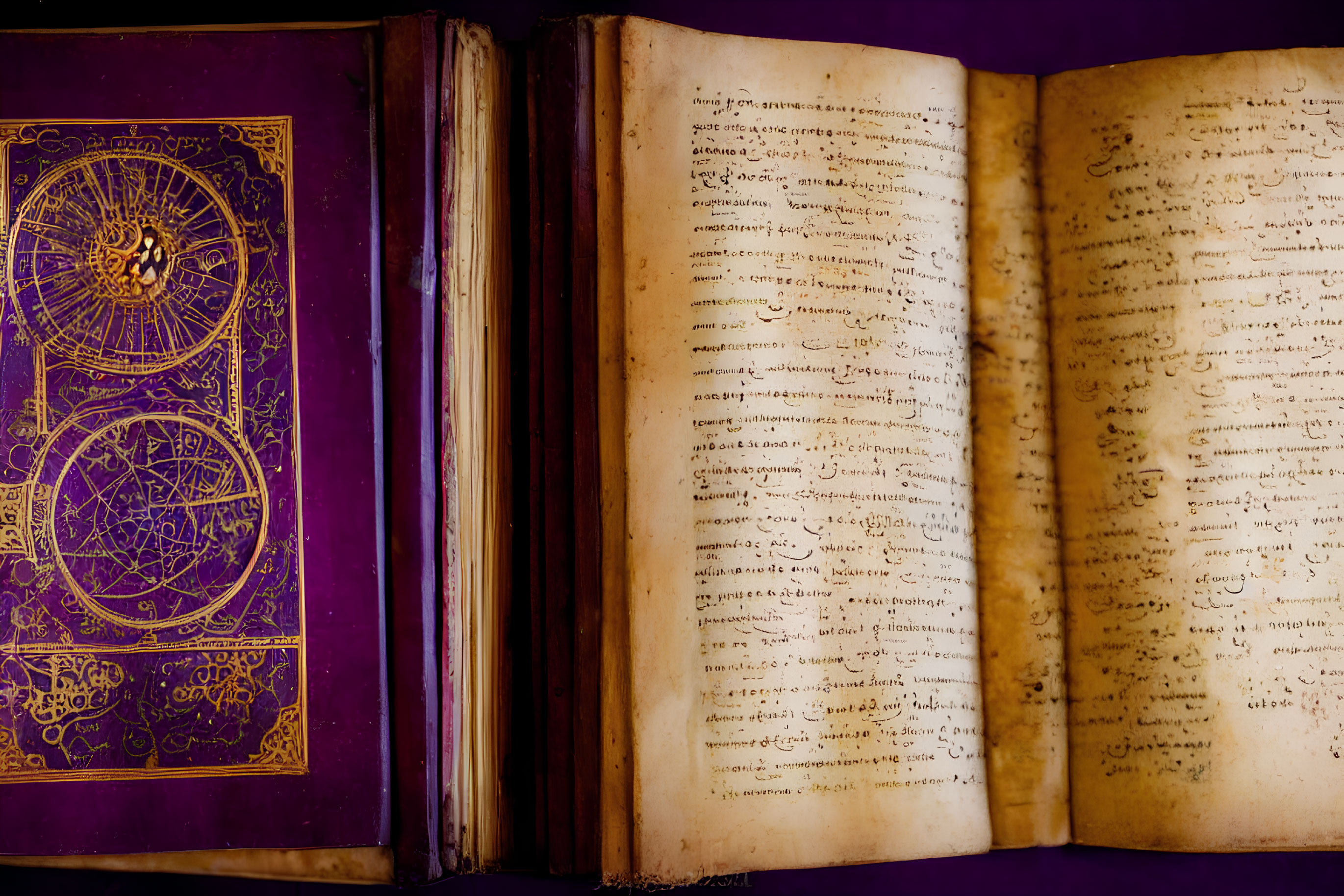 Elaborate Golden Designs on Ancient Manuscript Against Purple Background