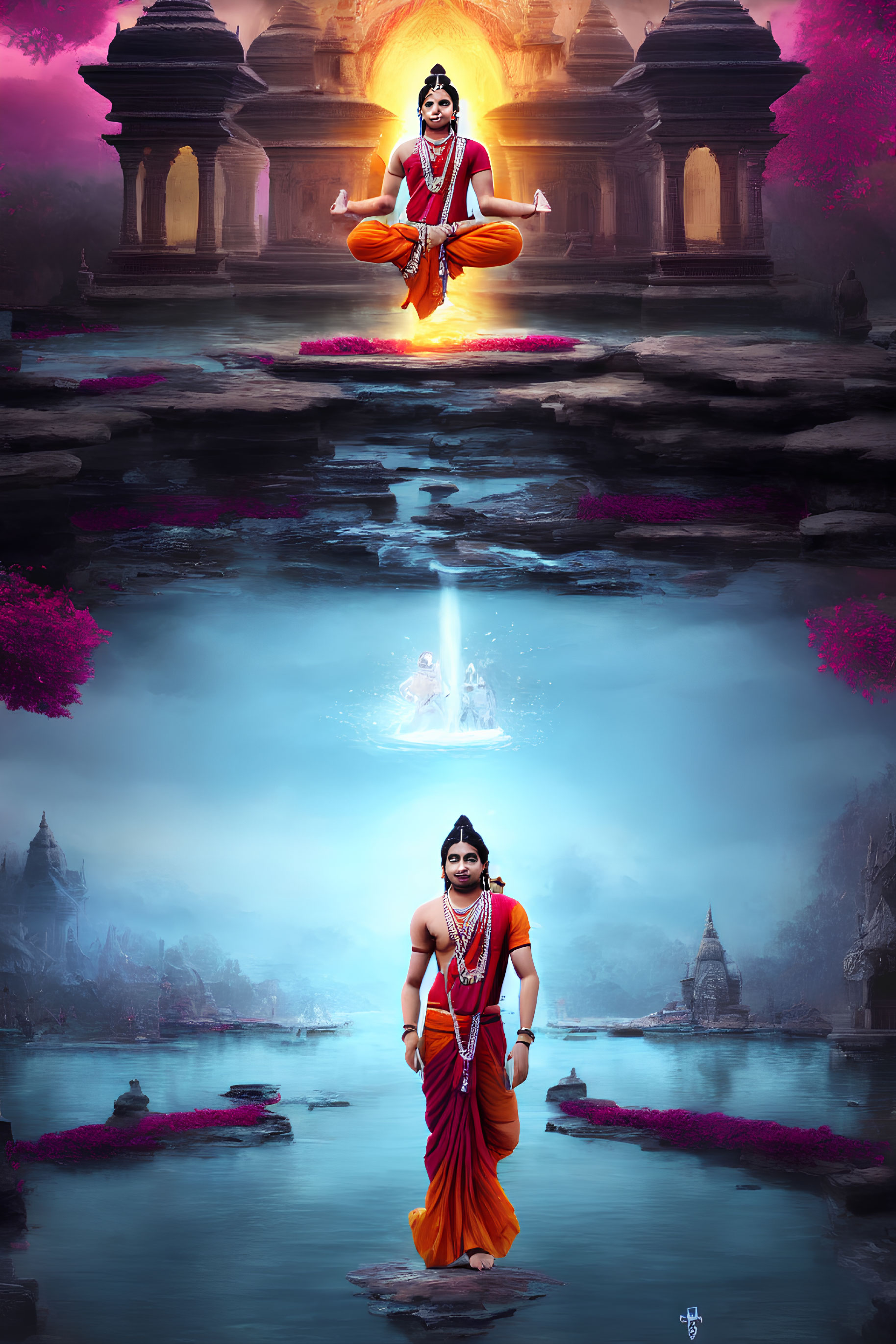 Deity levitating over serene waters with ancient temples in the background