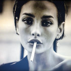 Woman with dramatic makeup exhales smoke holding cigarette, enigmatic expression, vintage-style earrings